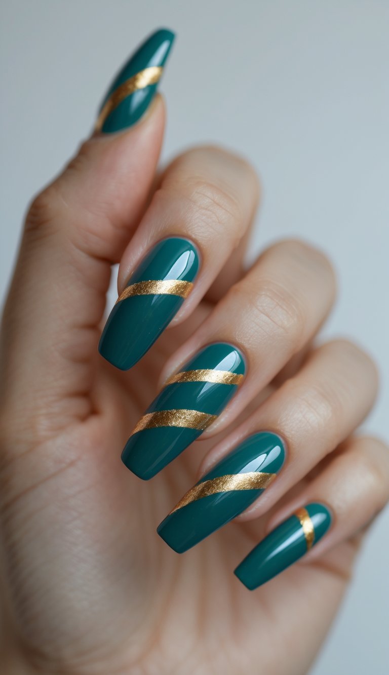 Close-up of one hand with teal nails featuring gold stripes on a white background.