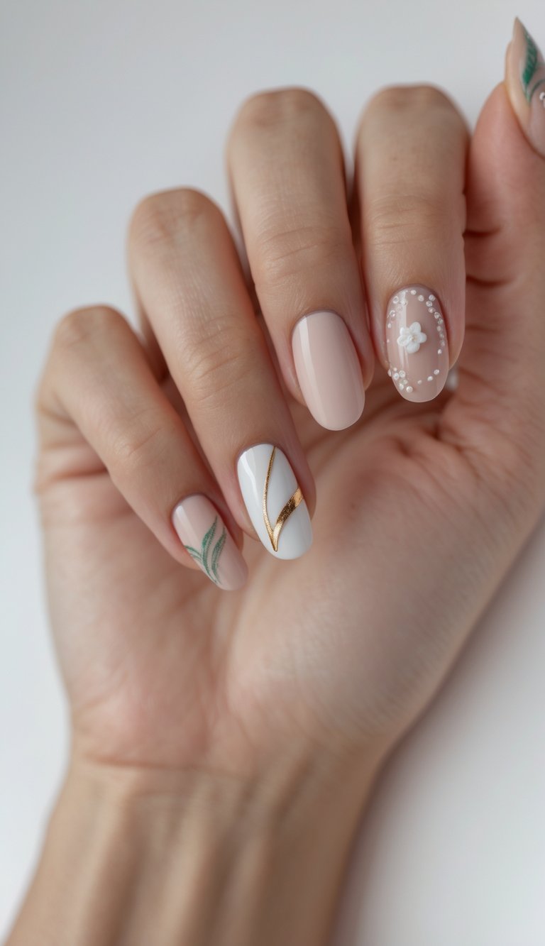 Close-up of one hand with detailed nail art on manicured nails against a white background.