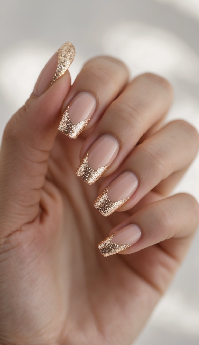 Close-up of one hand with glitter French tip nails against a white background.