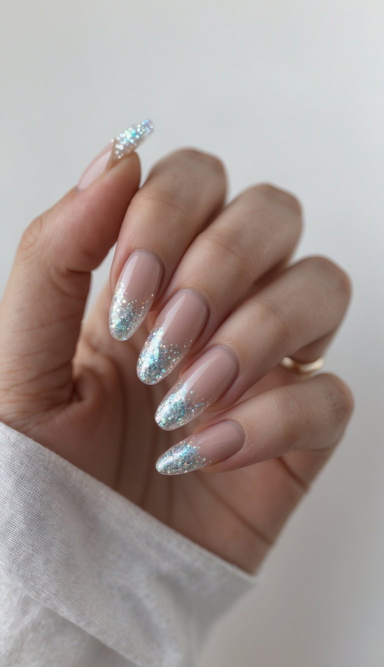 Close-up of one hand with glitter French tip nails against a white background.