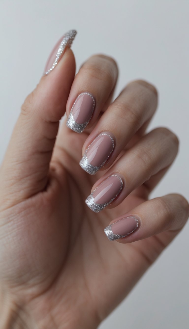 Close-up of one hand showing dusty pink nails with silver glitter outlining the tips against a white background.