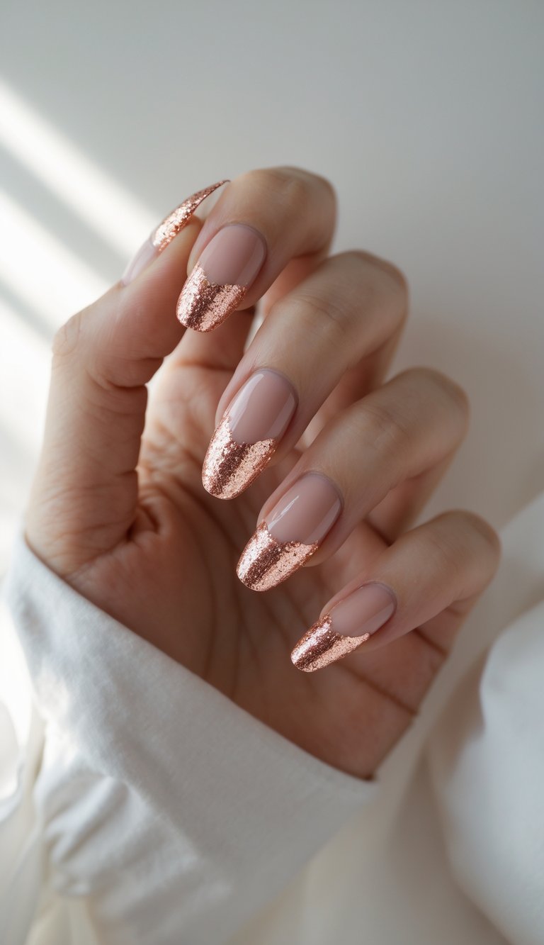 Close-up of one hand with clear nails featuring rose gold glitter tips against a white background.