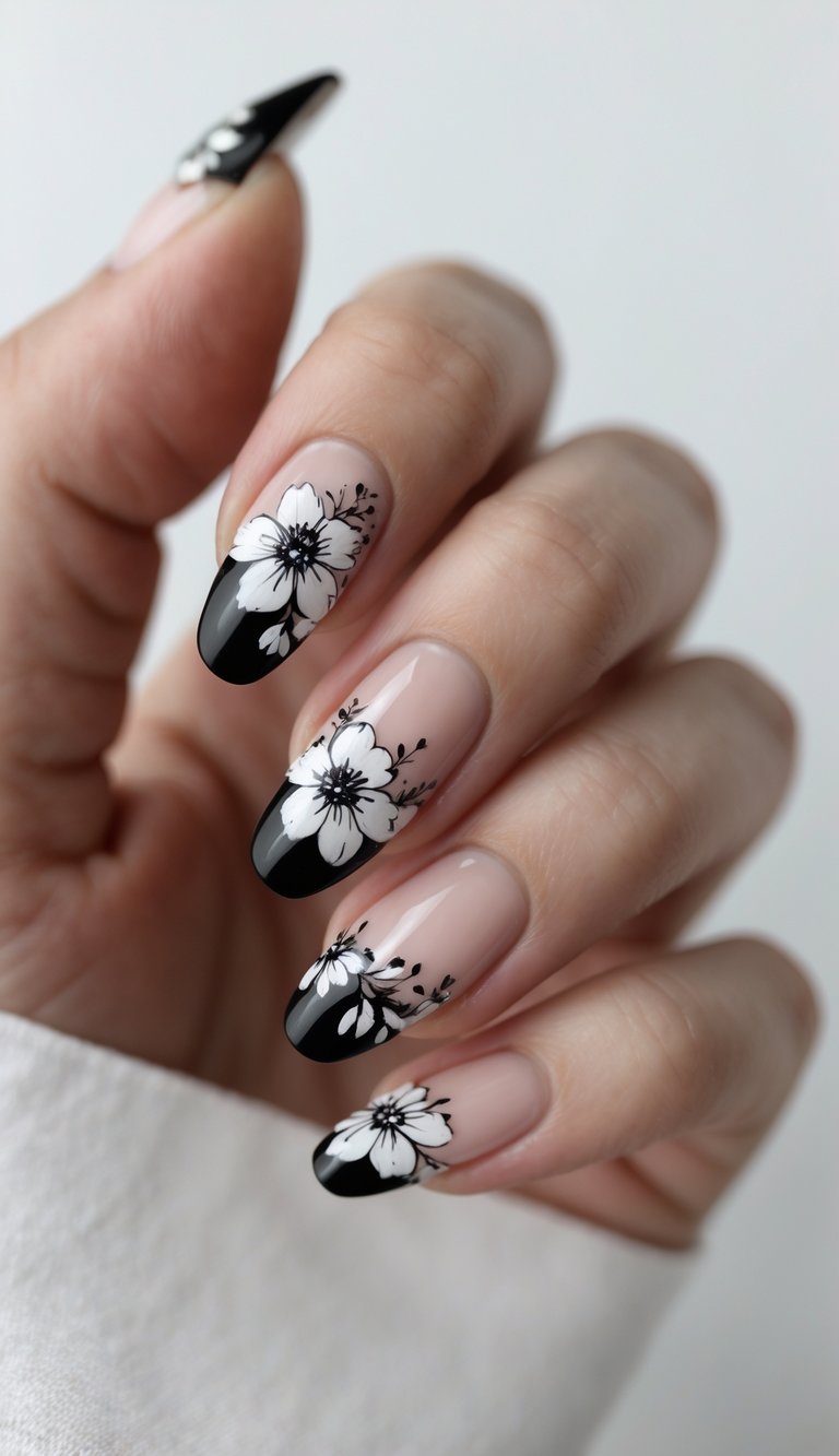 Close-up of one hand with manicured nails showing floral designs and black tips against a white background.