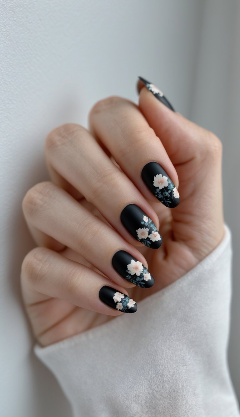 Close-up of one hand with black nails decorated with small floral designs against a white background.