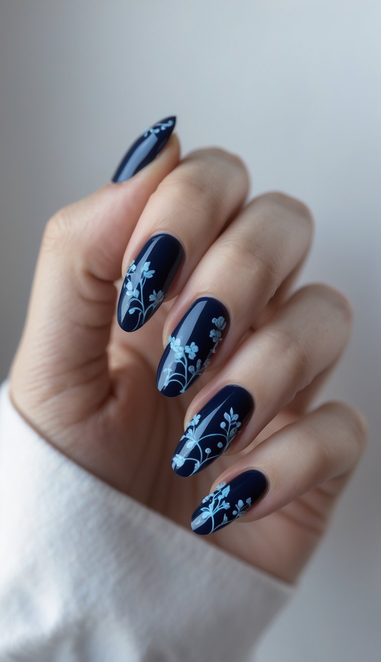Close-up of one hand with midnight blue nails decorated with delicate floral vine designs on a white background.