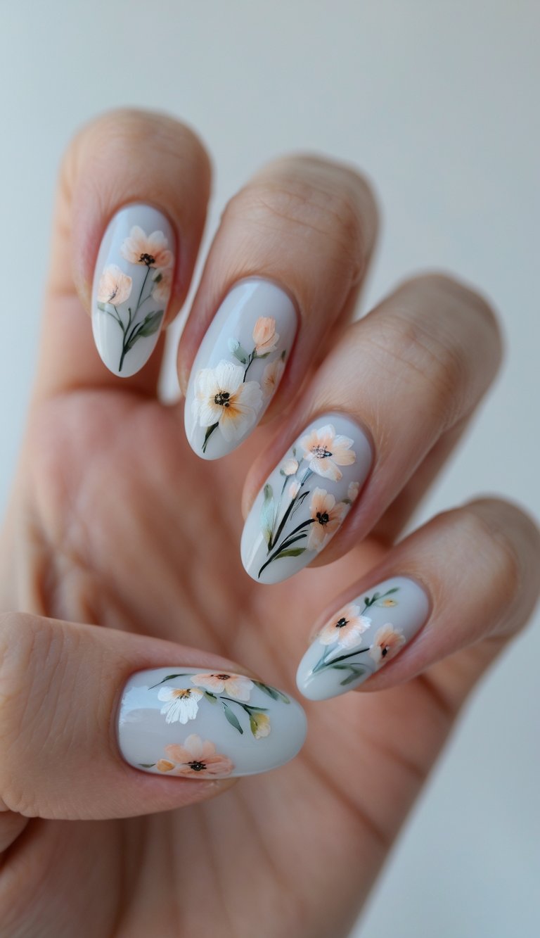 Close-up of one hand with floral nail art on a white background.