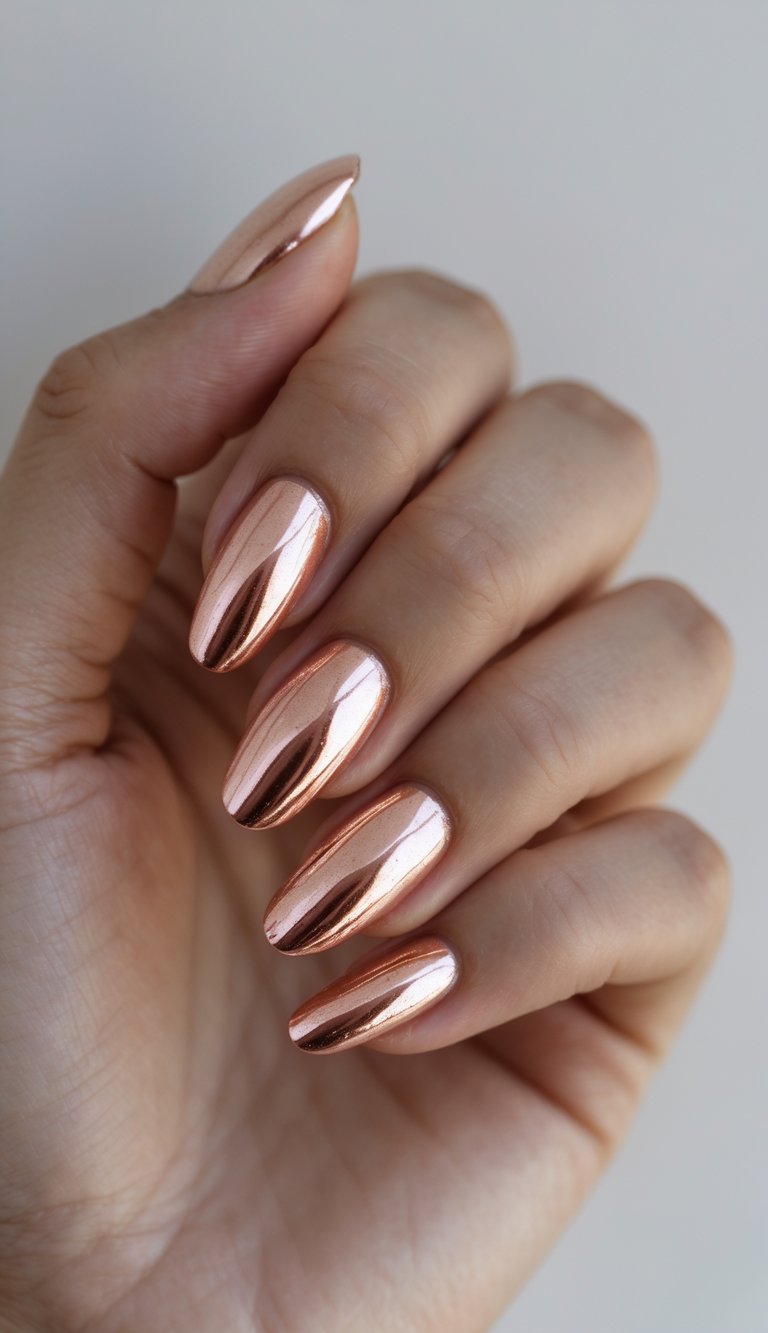 Close-up of one hand with rose gold chrome finished nails against a white background.