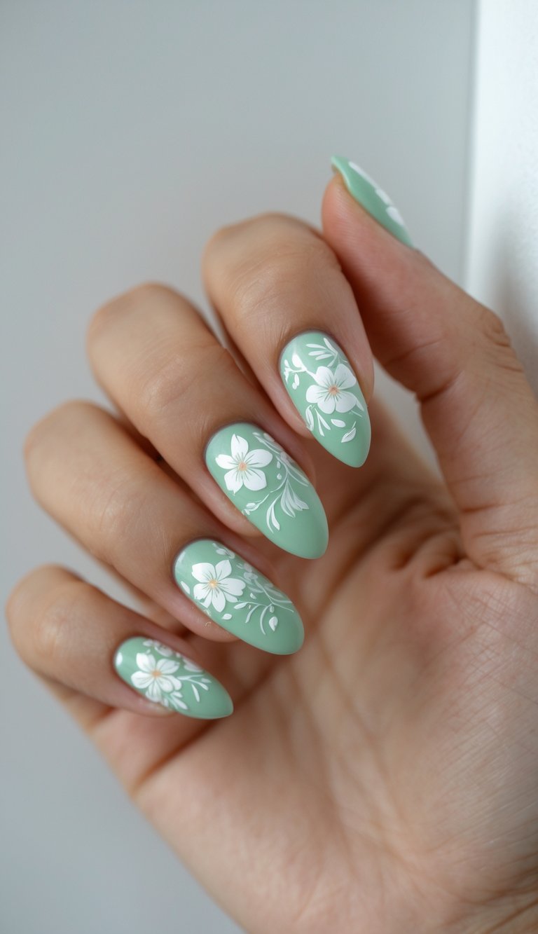 Close-up of one hand with mint green nails decorated with white floral designs against a white background.