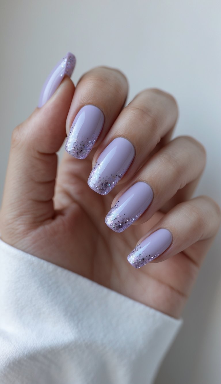 Close-up of a hand showing nails painted in pastel lilac with glitter tips against a white background.