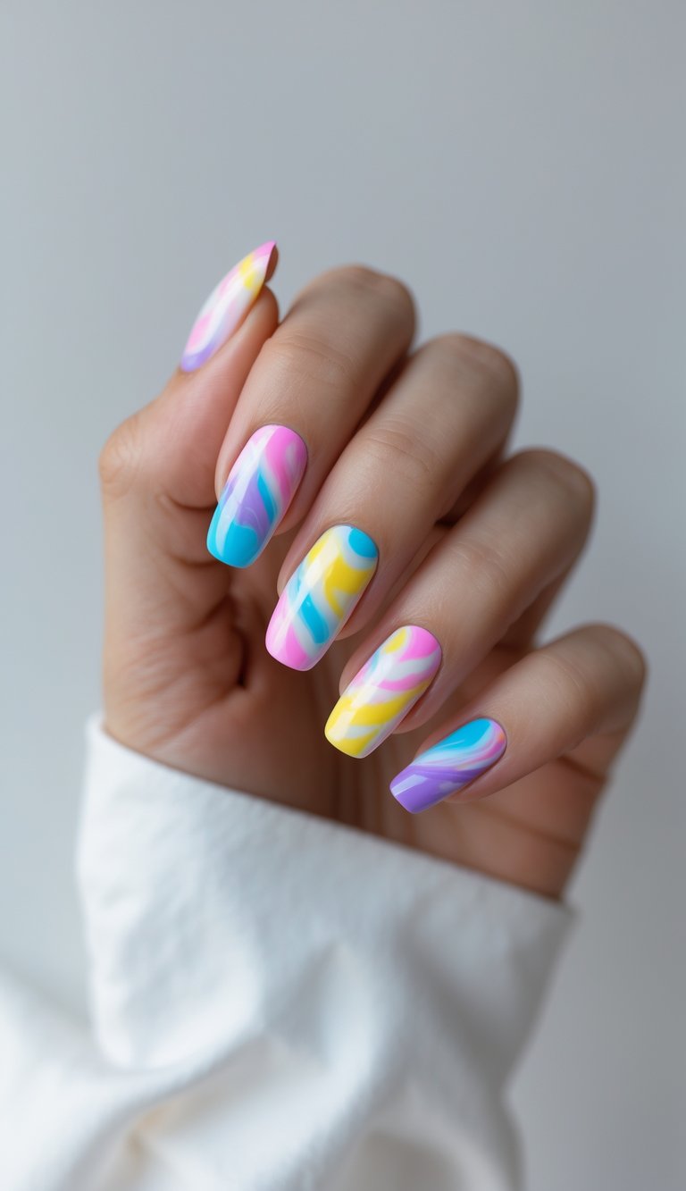 Close-up of one hand showing colorful tie-dye patterned nails against a white background.