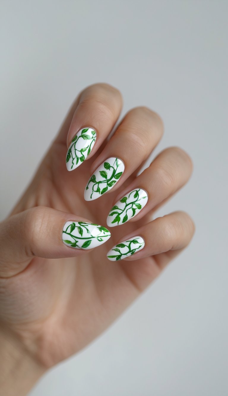 Close-up of one hand with detailed leafy vine nail art on each fingernail against a white background.
