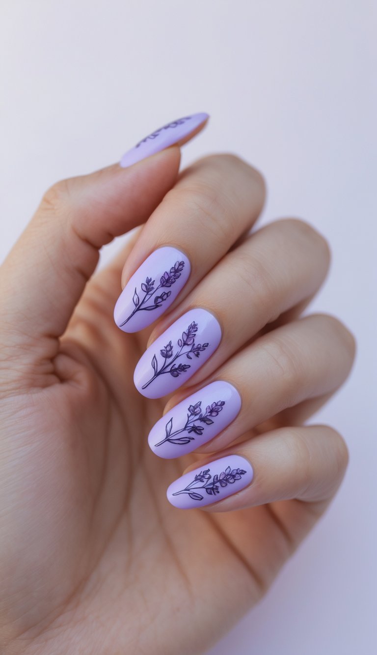 Close-up of one hand showing nails painted light lavender with small lavender sprig designs on each nail against a white background.
