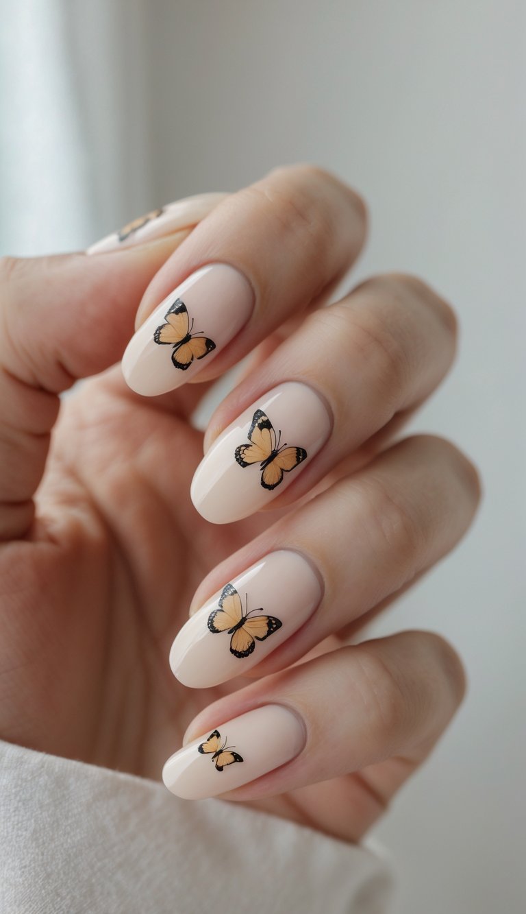 Close-up of one hand showing nails painted with delicate butterfly designs on a soft beige background.