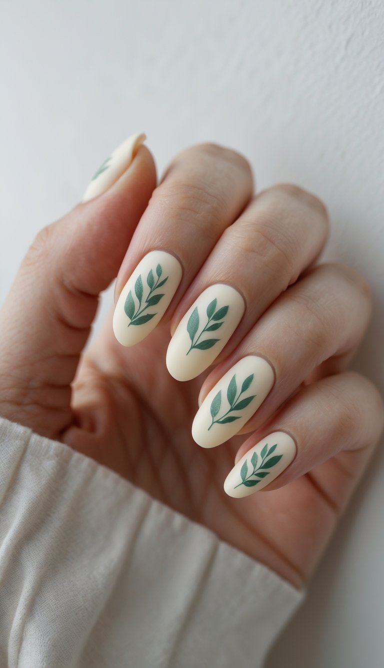 Close-up of one hand with neatly manicured nails featuring green leaf designs on a light cream base against a white background.
