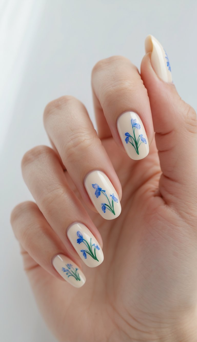 Close-up of one hand with cream-colored nails decorated with small bluebell flowers against a white background.