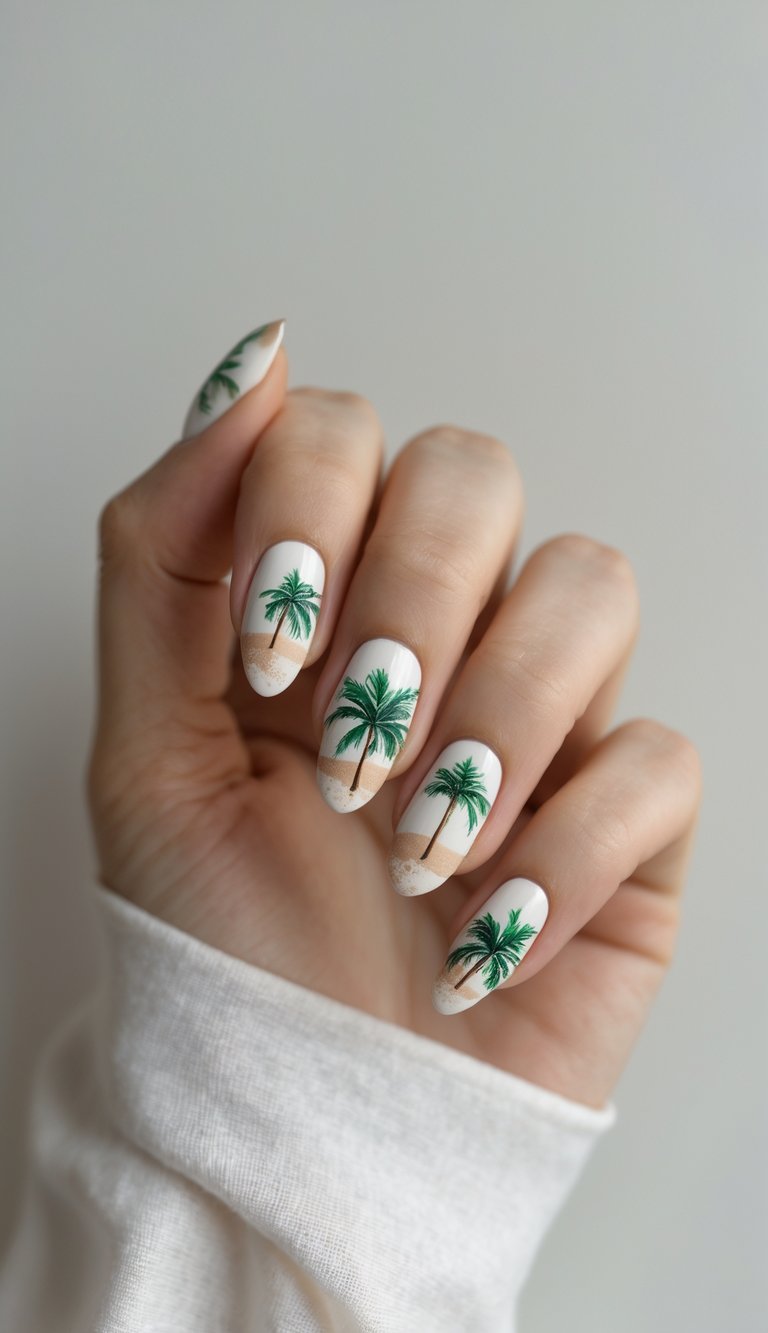 Close-up of one hand showing nails with detailed palm tree nail art on the tips against a white background.