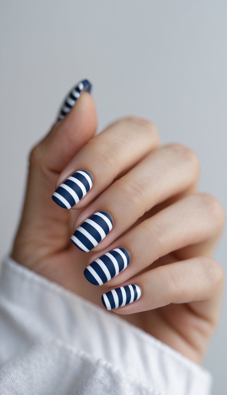 Close-up of one hand with navy and white striped nails against a white background.