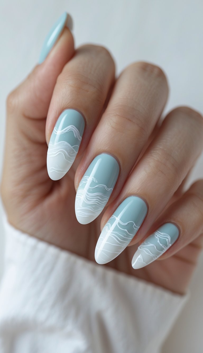 Close-up of one hand with detailed white and ocean-themed nail art against a white background.