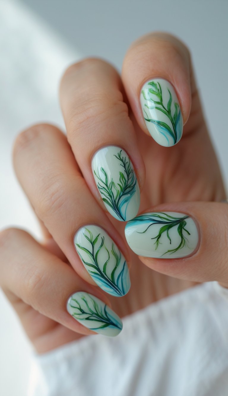 Close-up of one hand showing nails with green seaweed designs on a white background.