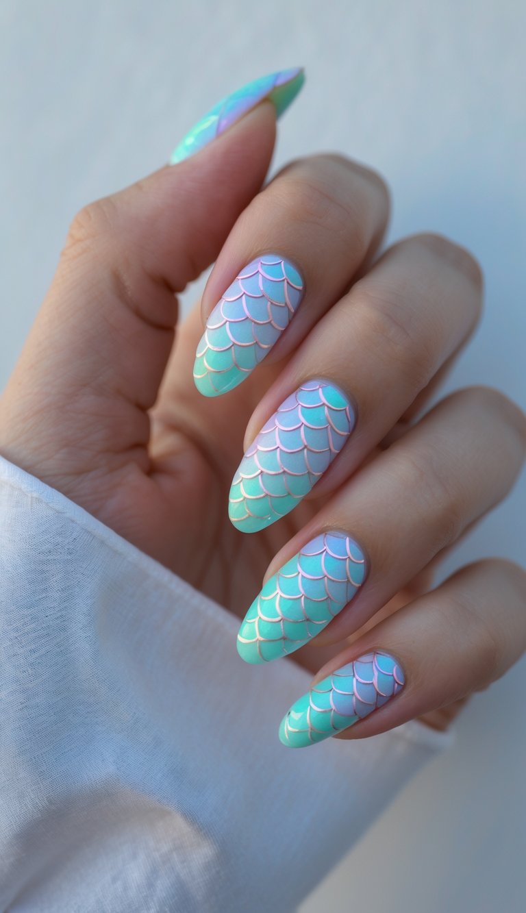 Close-up of one hand with nails painted in iridescent mermaid scale patterns against a white background.