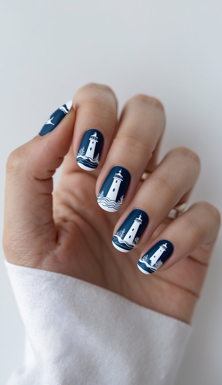 Close-up of one hand with nails decorated with lighthouse silhouette nail art against a white background.