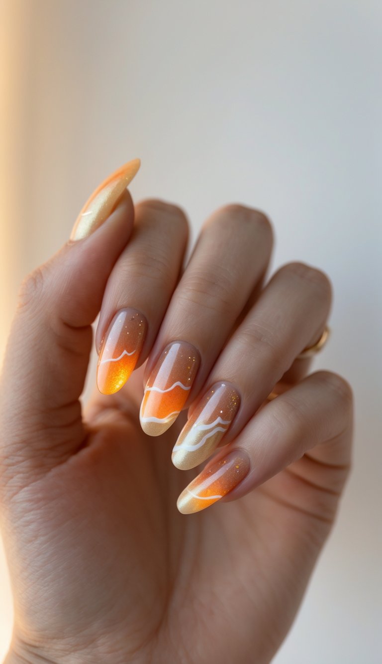 Close-up of one hand with detailed coastal-themed nail art featuring warm orange and gold tones against a white background.