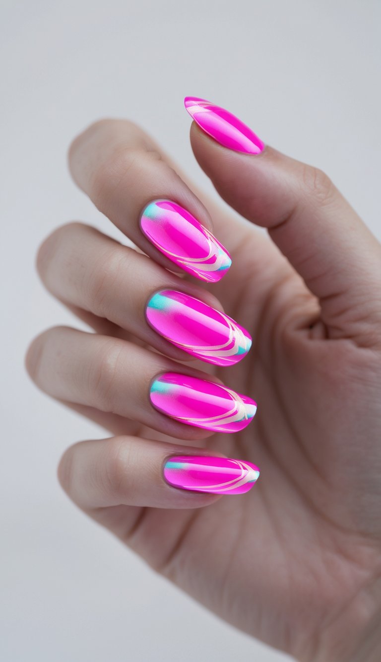 Close-up of one hand with bright hot pink chrome nails against a white background.