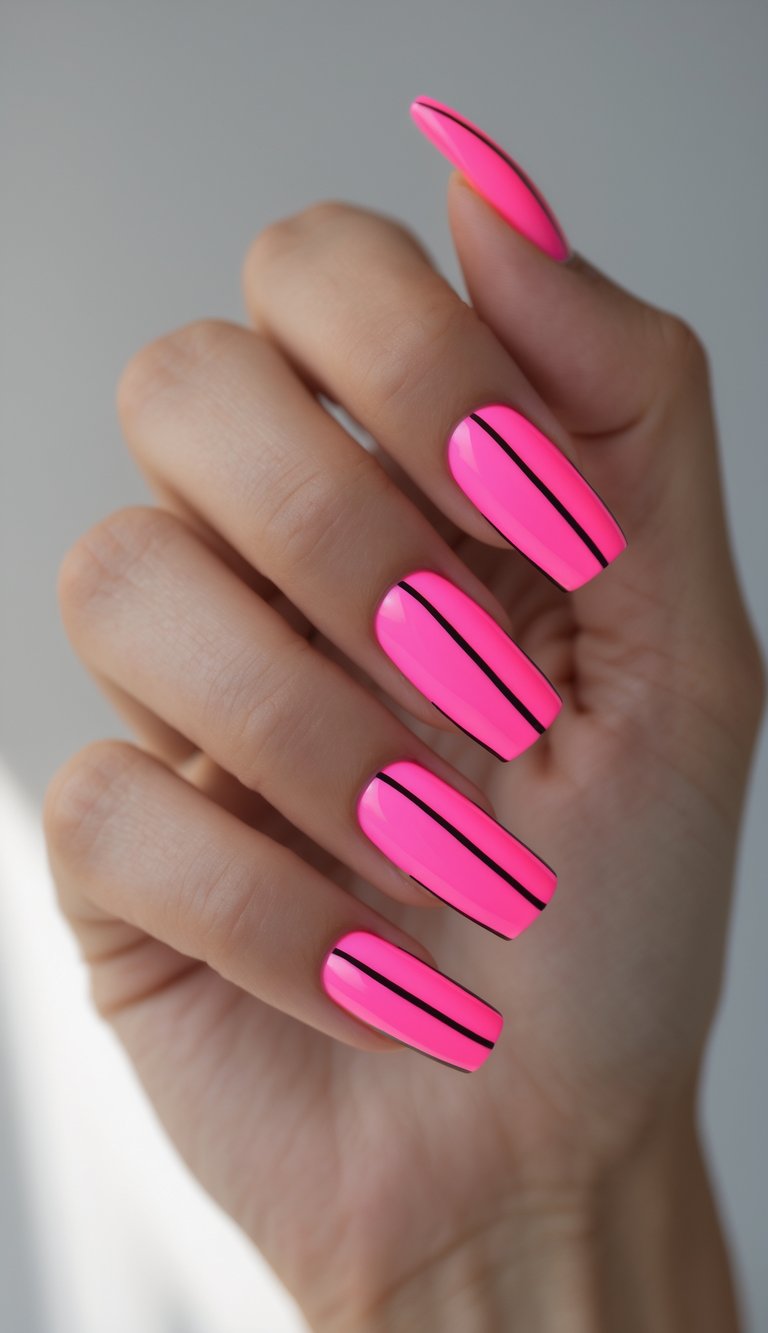 Close-up of one hand with neon pink and black striped nail art on a white background.