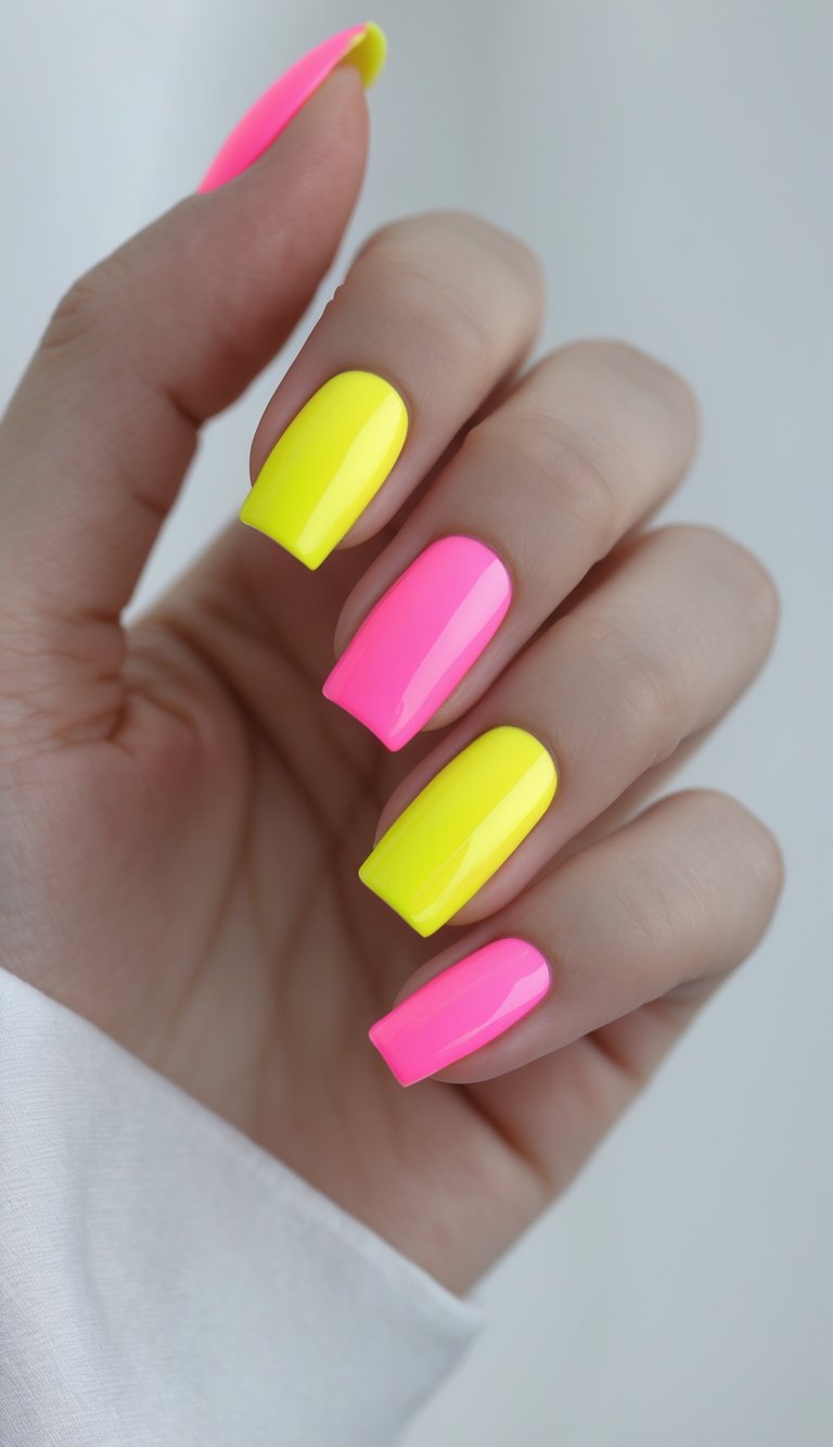 Close-up of one hand showing neon yellow and pink color block nail art on manicured nails against a white background.