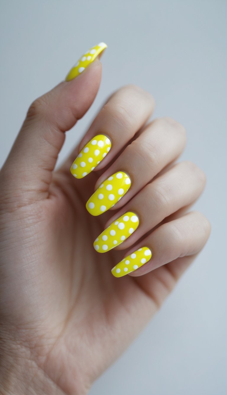 Close-up of one hand with neon yellow nails decorated with white polka dots against a white background.