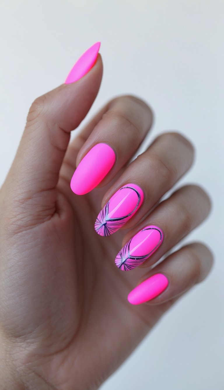 Close-up of one hand with neon pink nails featuring matte and glossy nail art on a white background.