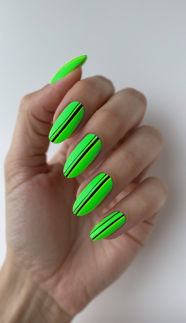 Close-up of one hand showing nails painted with bright neon green jagged lines on a white background.