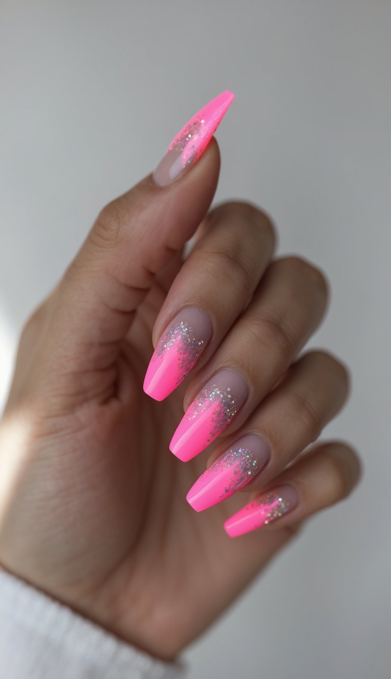 Close-up of one hand showing nails with neon pink French tips and glitter on a white background.