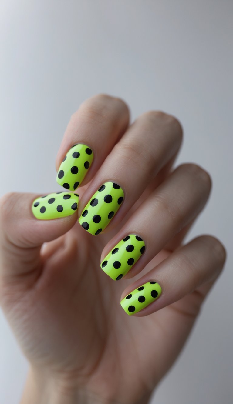 Close-up of one hand with neon green nails decorated with black polka dots against a white background.