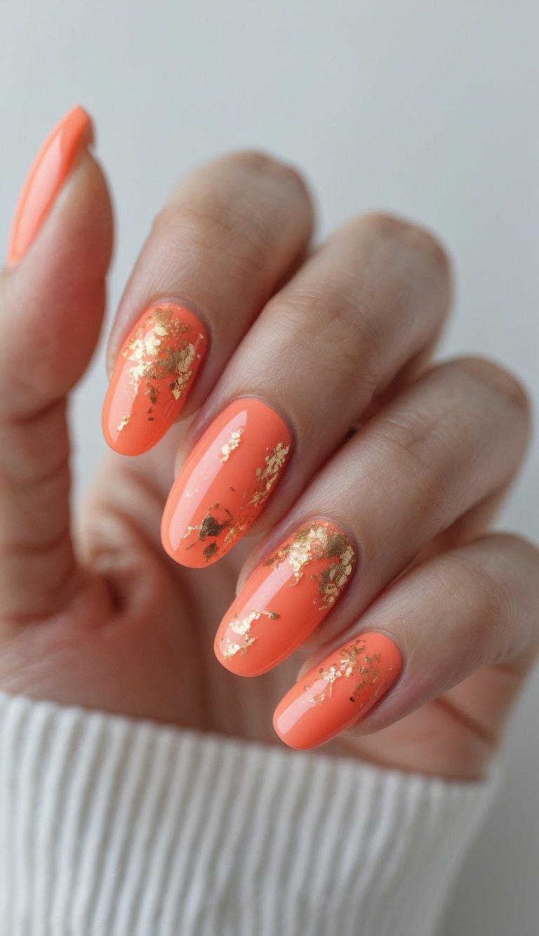 Close-up of one hand with bright coral nails decorated with gold flakes against a white background.