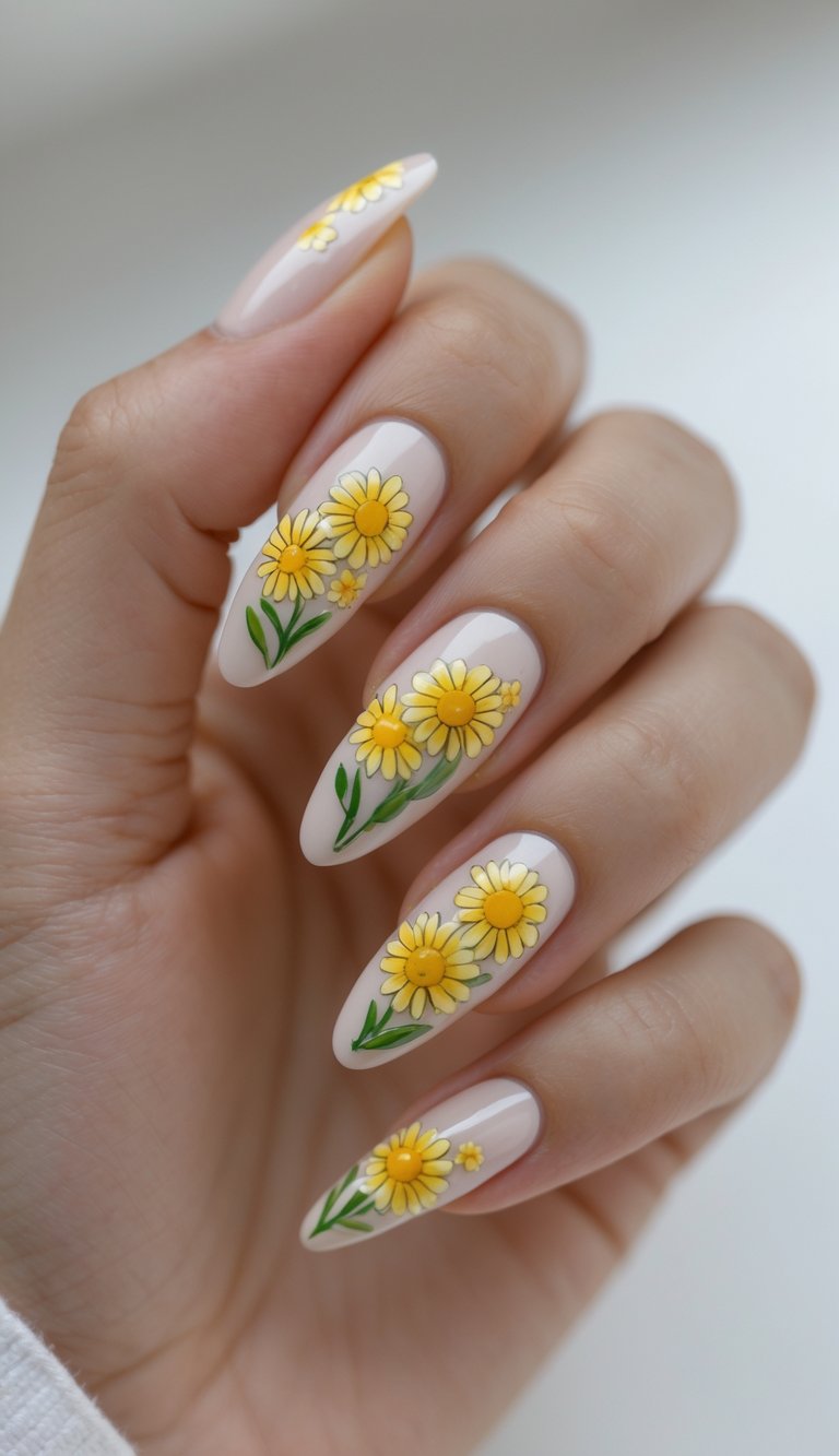 Close-up of one hand showing nails painted with yellow daisy designs on a white background.