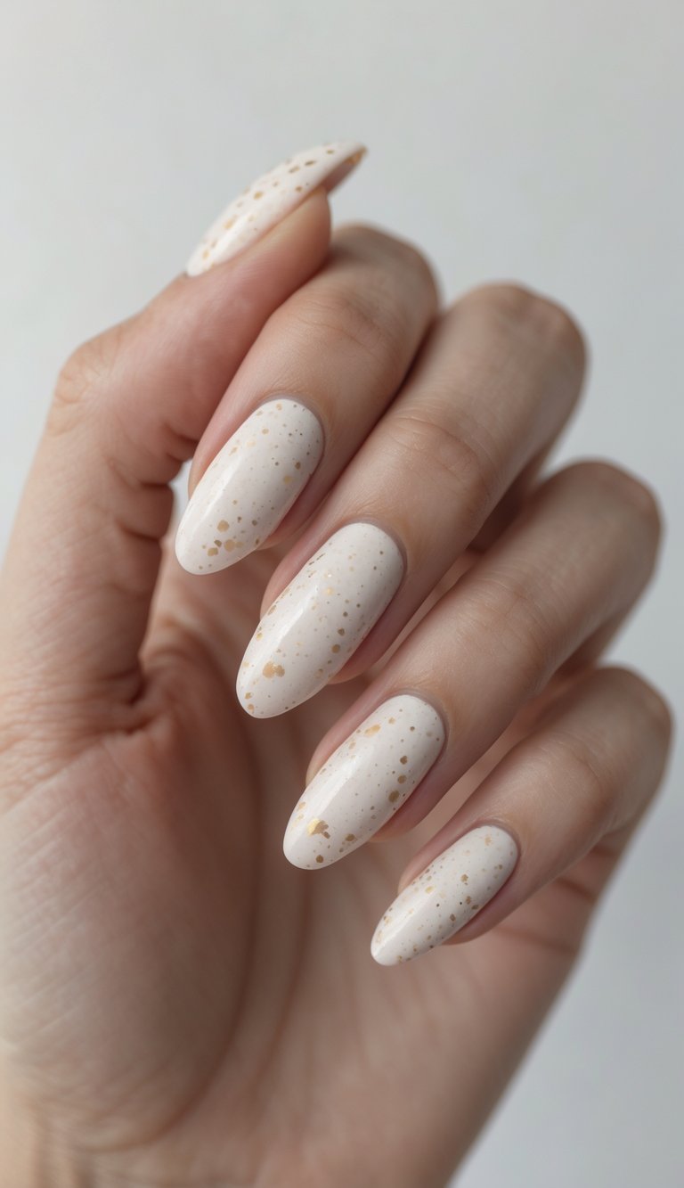 Close-up of one hand with nails painted in a speckled eggshell pattern against a white background.