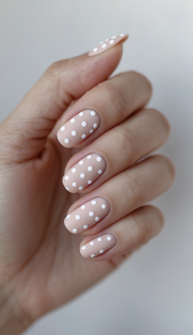 Close-up of one hand with matte baby pink nails decorated with white polka dots against a white background.