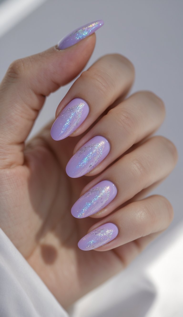 Close-up of one hand with lavender-colored nails decorated with holographic glitter on a white background.