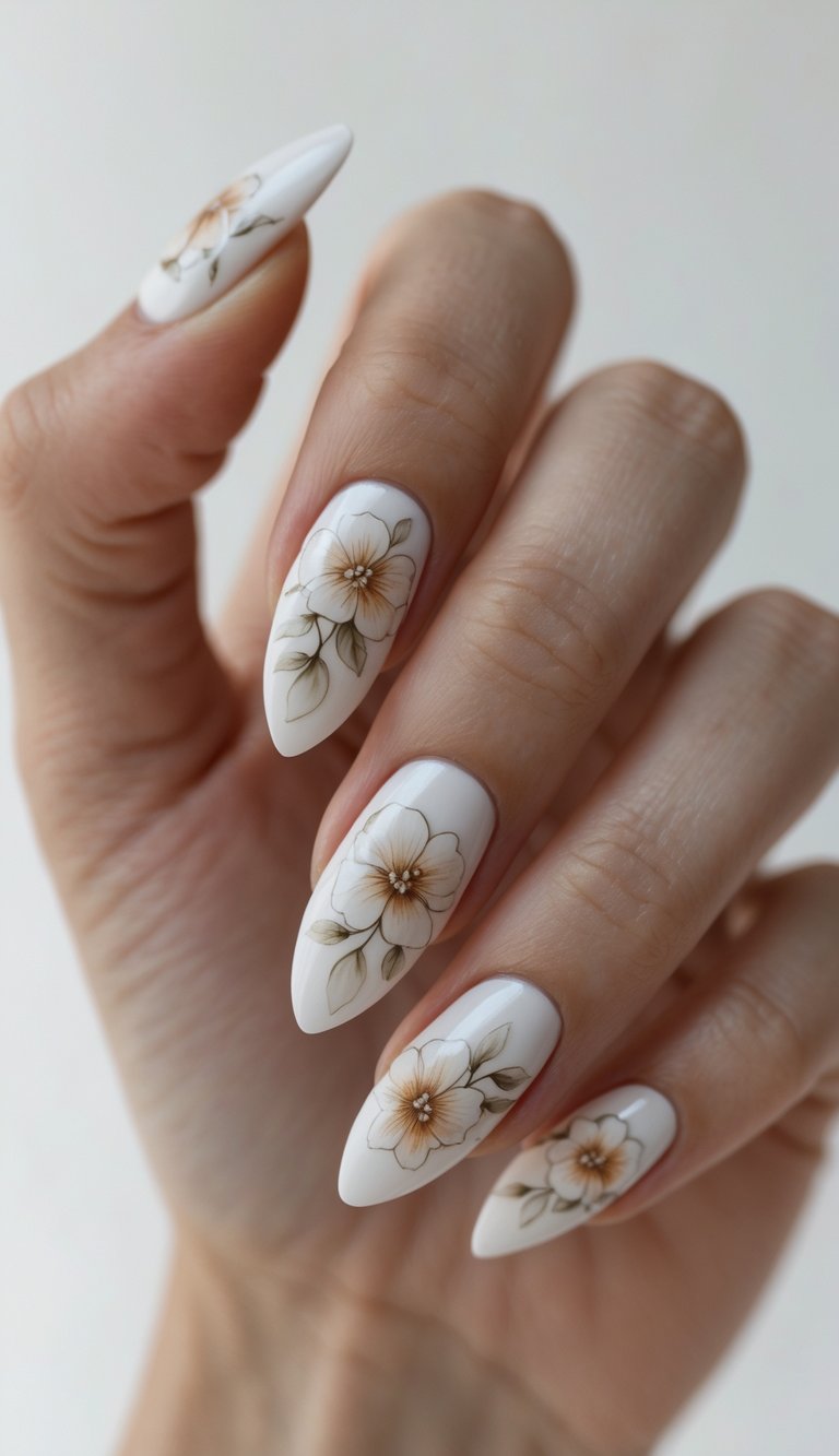 Close-up of one hand showing almond-shaped nails with detailed floral designs on a white background.