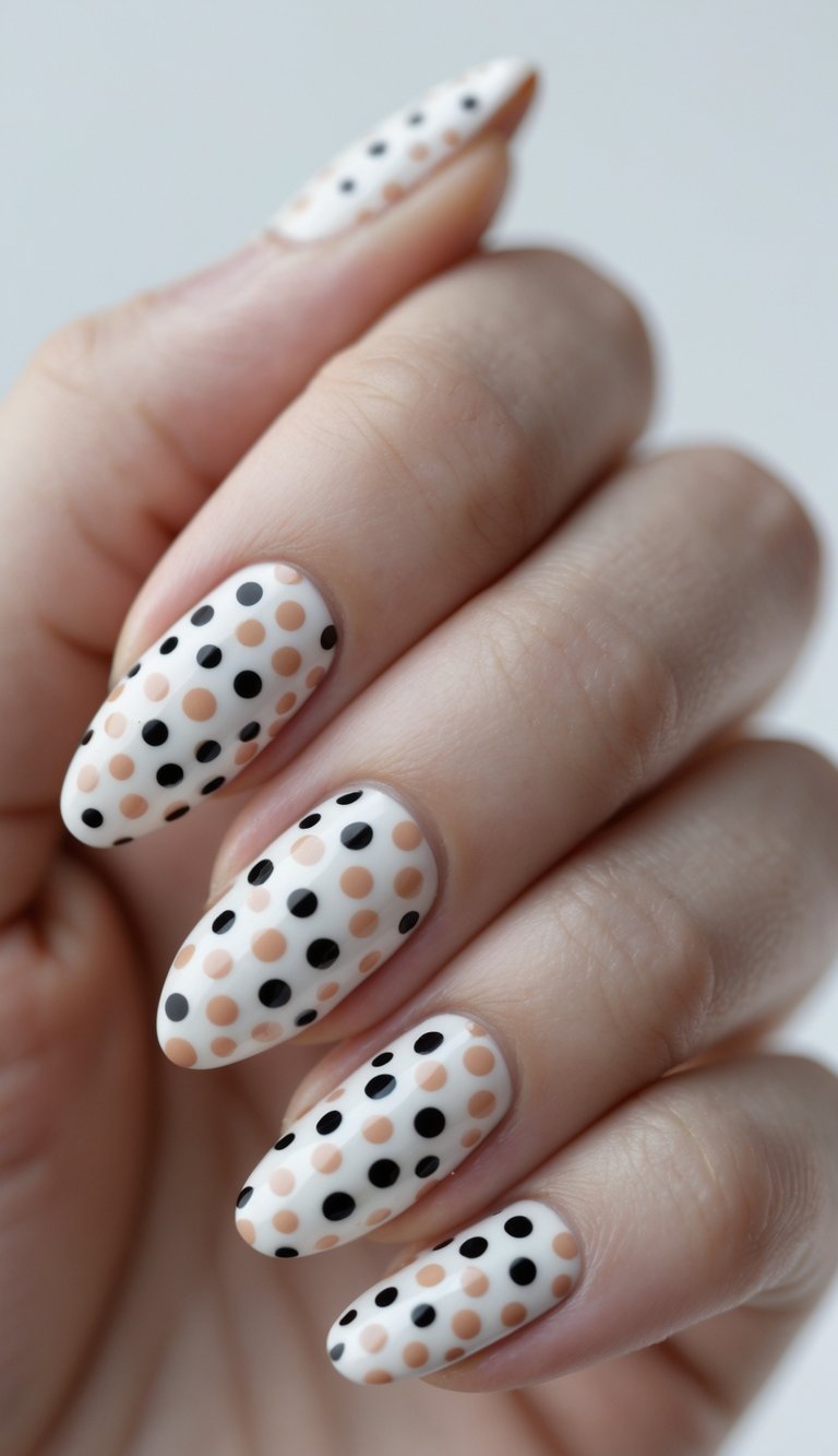 Close-up of one hand with neatly manicured nails featuring polka dot patterns on a white background.