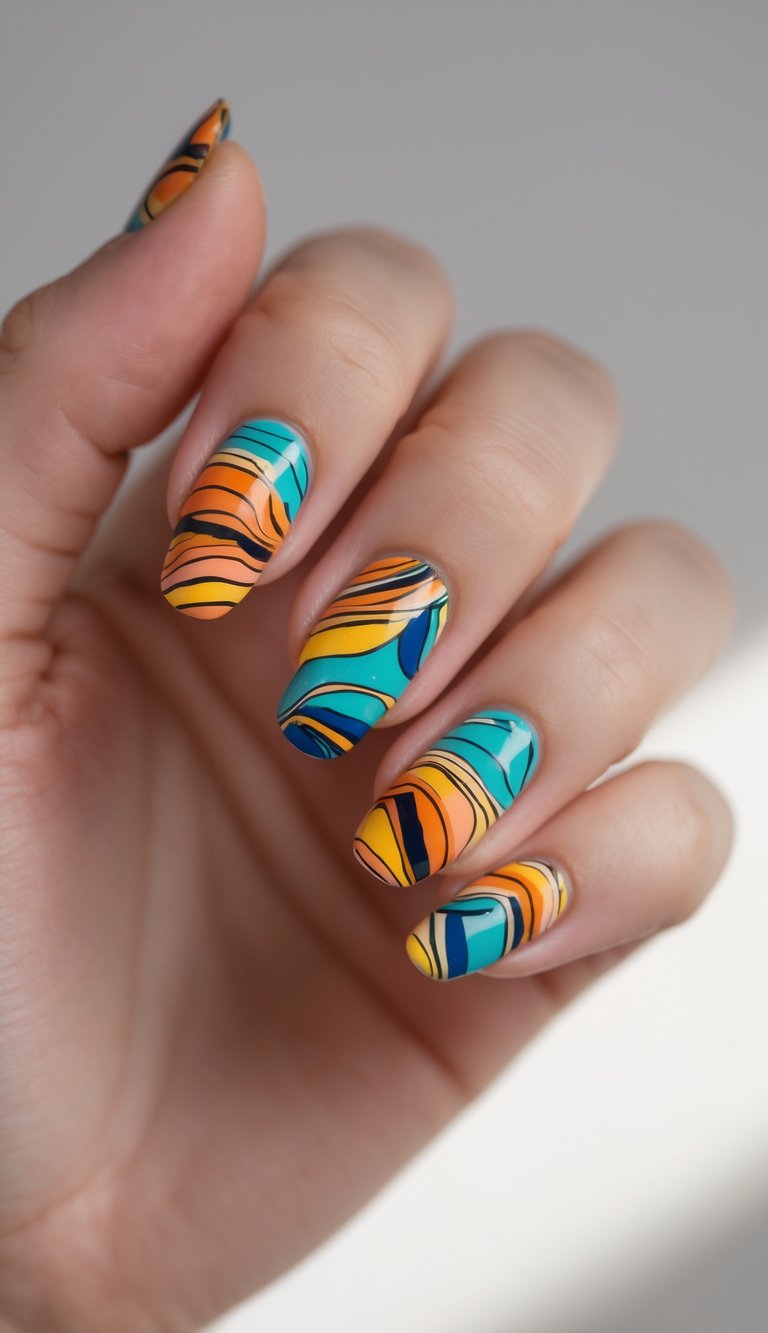 Close-up of one hand with colorful abstract nail art on a white background.