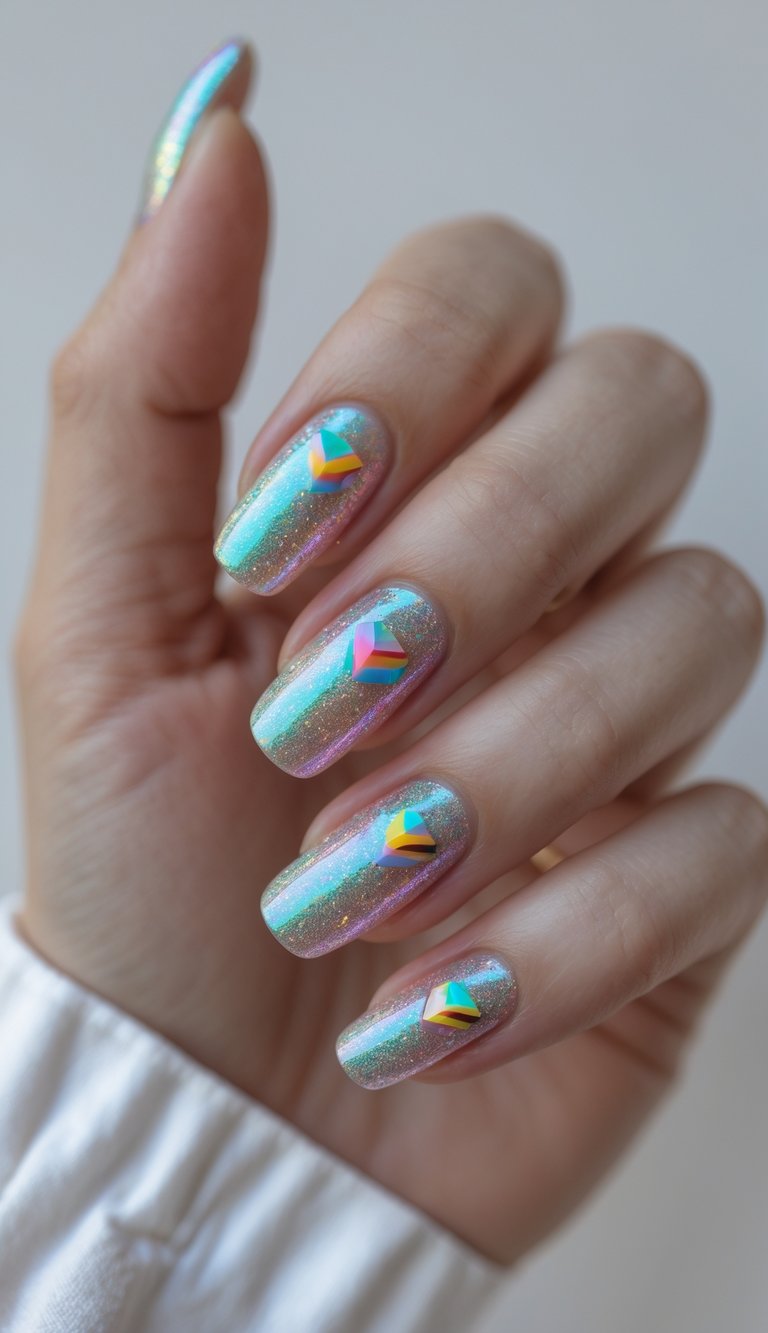 Close-up of one hand with holographic retro nail art on clean white background.