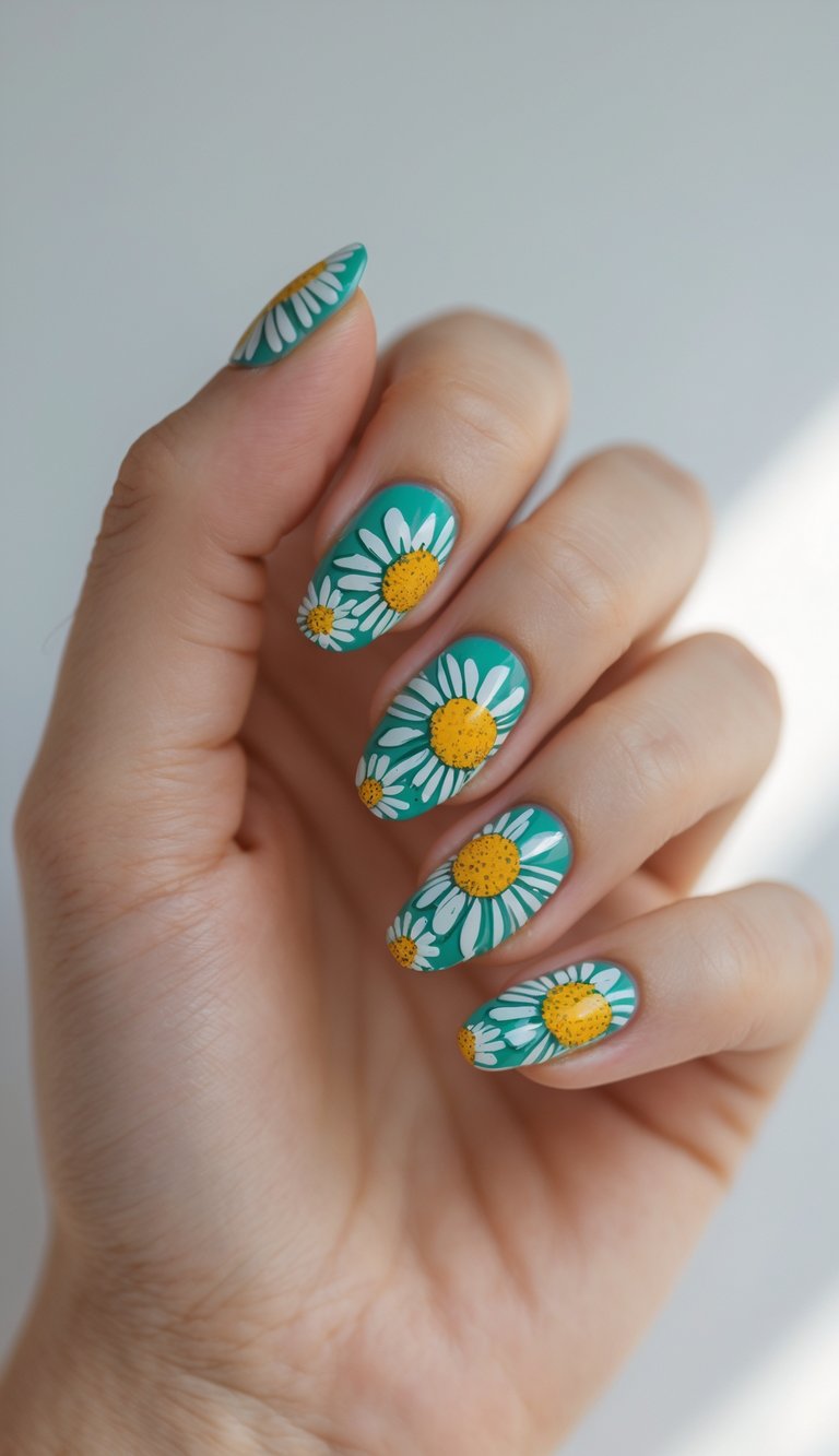 Close-up of one hand with nails painted in colorful daisy patterns against a white background.