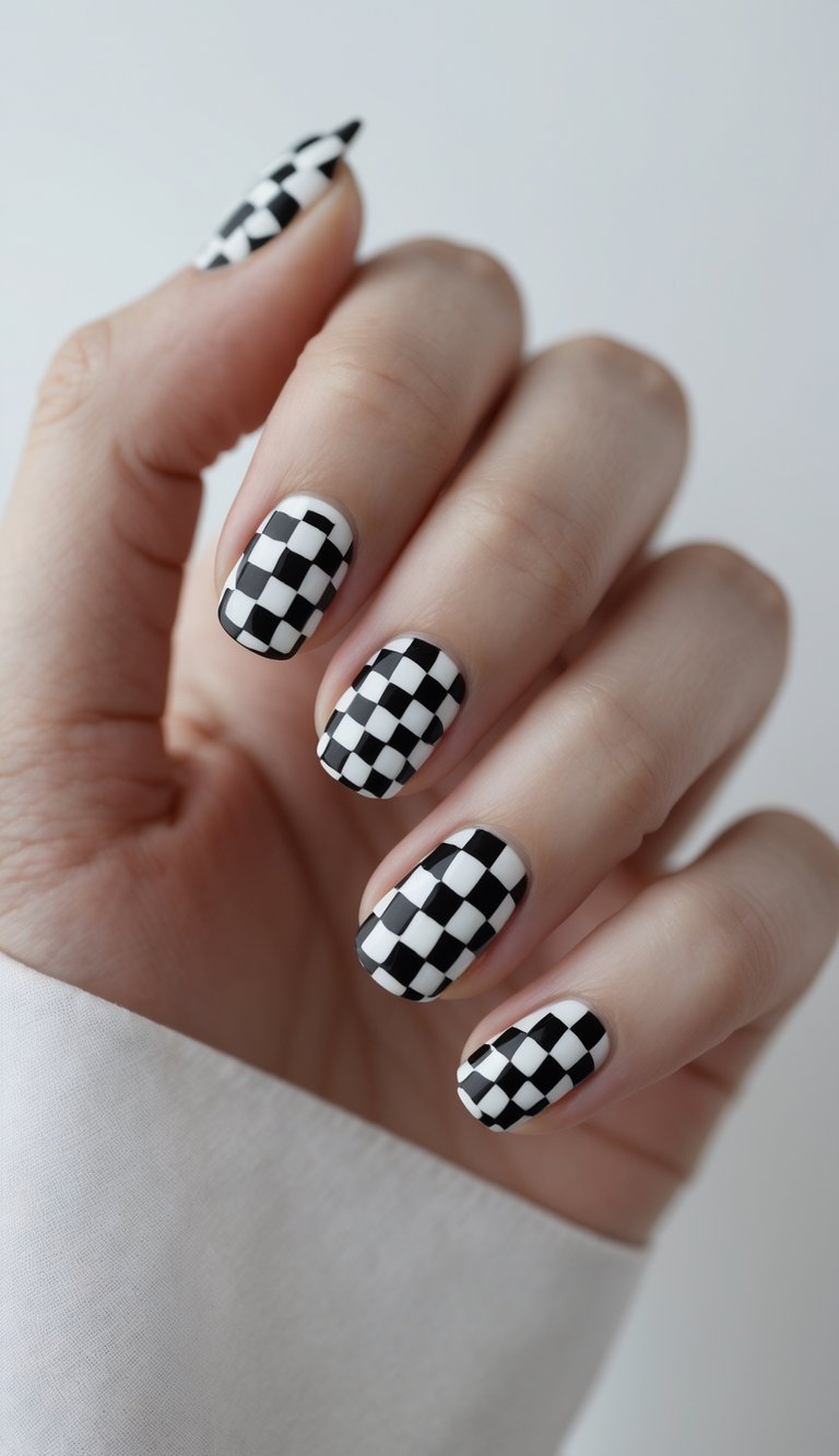 Close-up of one hand showing nails with black and white checkerboard tips against a white background.