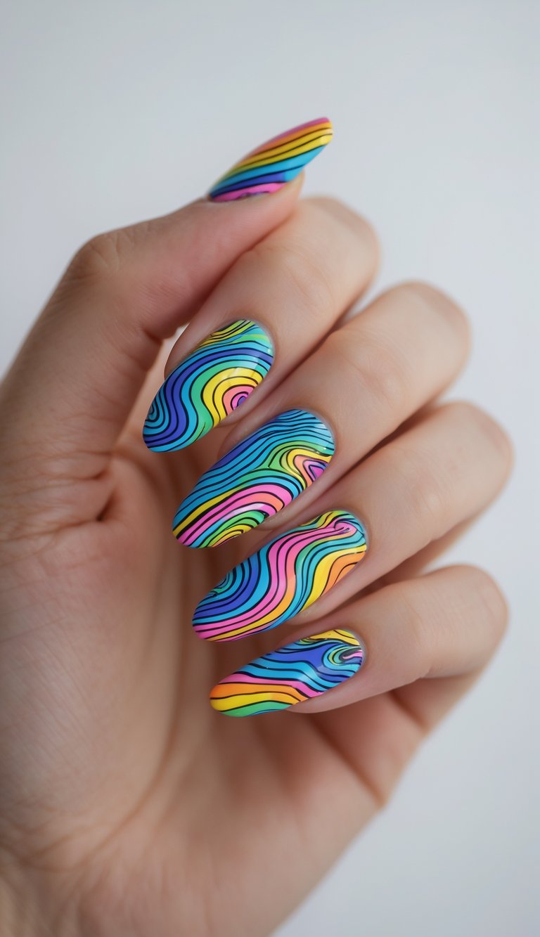 Close-up of one hand with colorful, wavy patterned nail art against a white background.