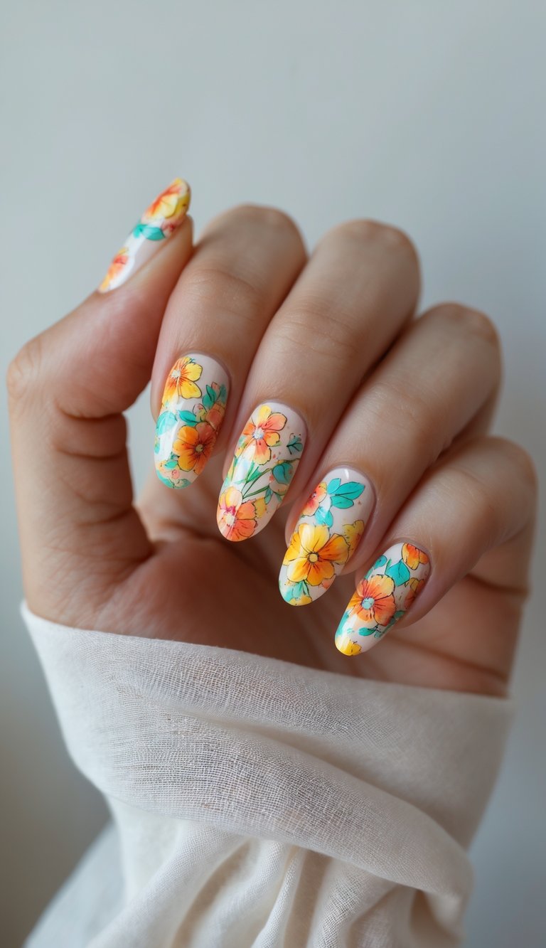 Close-up of a single hand with colorful floral nail art against a white background.