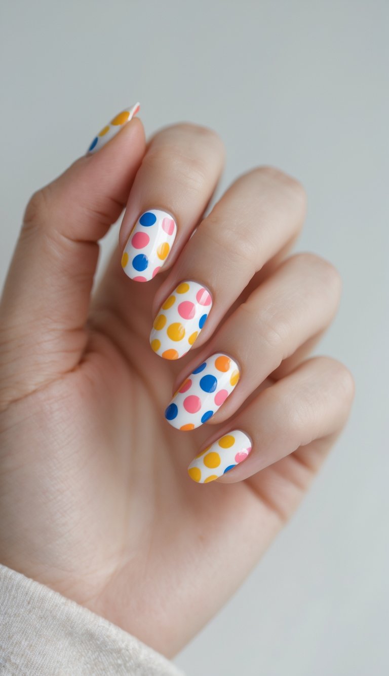 Close-up of one hand with colorful polka dot nail art against a white background.