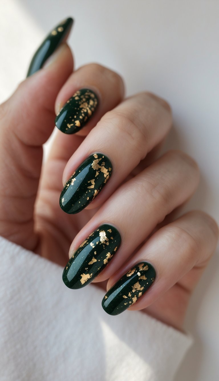Close-up of one hand with dark green nails decorated with gold flakes against a white background.