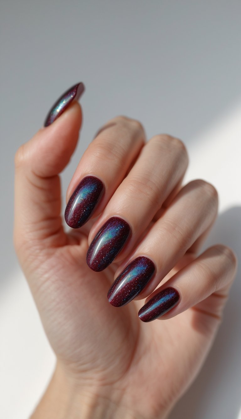 Close-up of one hand with dark red holographic shimmer nail art against a white background.